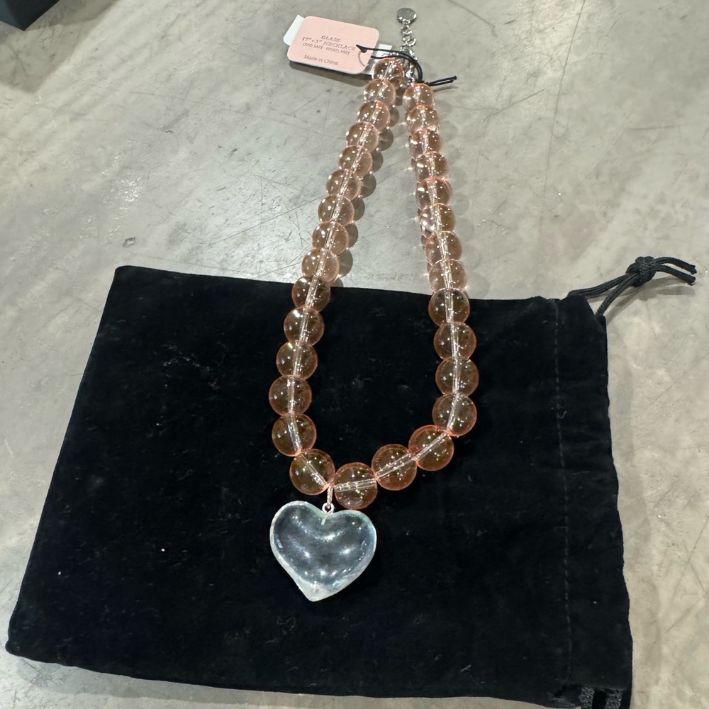 Elegant pale pink Glass Bead Necklace with clear glass Heart Pendant FUN& UNIQUE